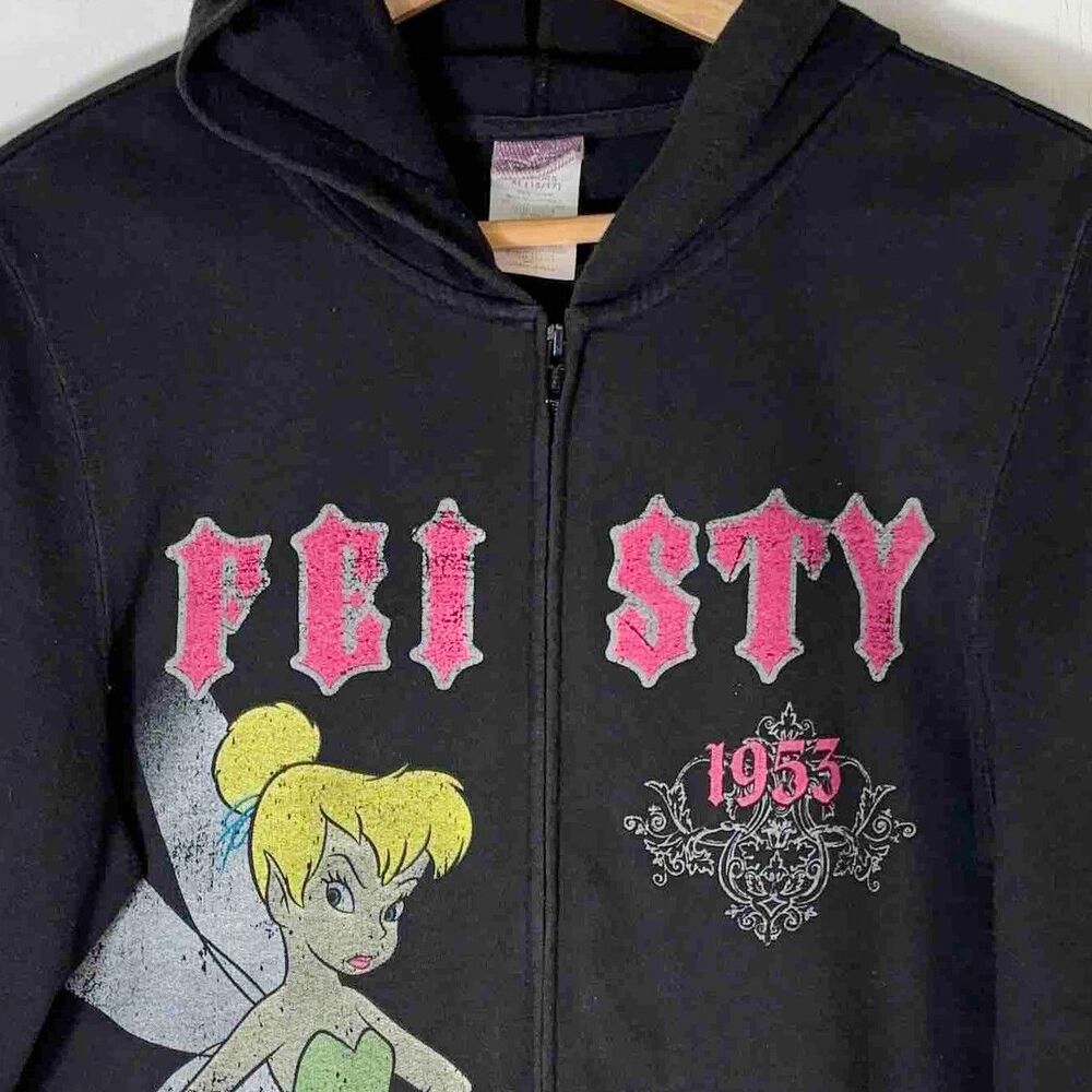 VTG Y2K Disney Tinker Bell Feisty Women’s XL Black Hoodie Fairy Grunge Edgy